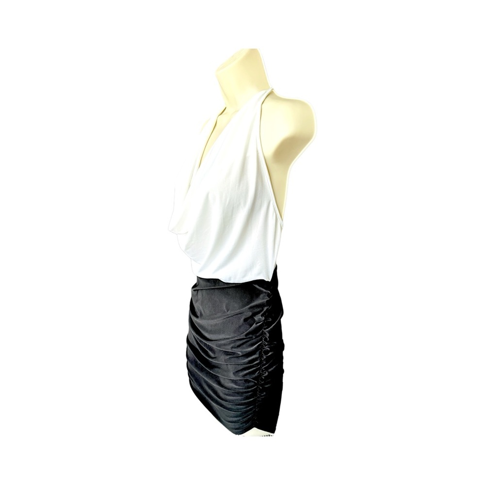 Roma Two Tone Low Cowl Neck Ruched Halter Mini Dress, Black and White, Size S/M - Picture 5 of 12